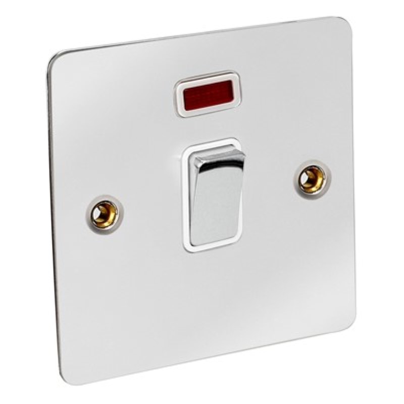 Flat Plate 20Amp Double Pole Switch + Neon *Chrome/White Insert - Click Image to Close